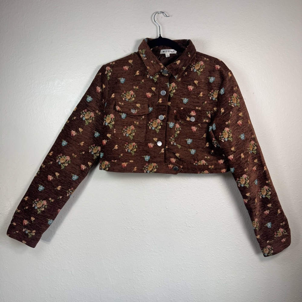 Brown Floral Print Cropped Button-Up Jacket Juniors Large Cottagecore Prairie